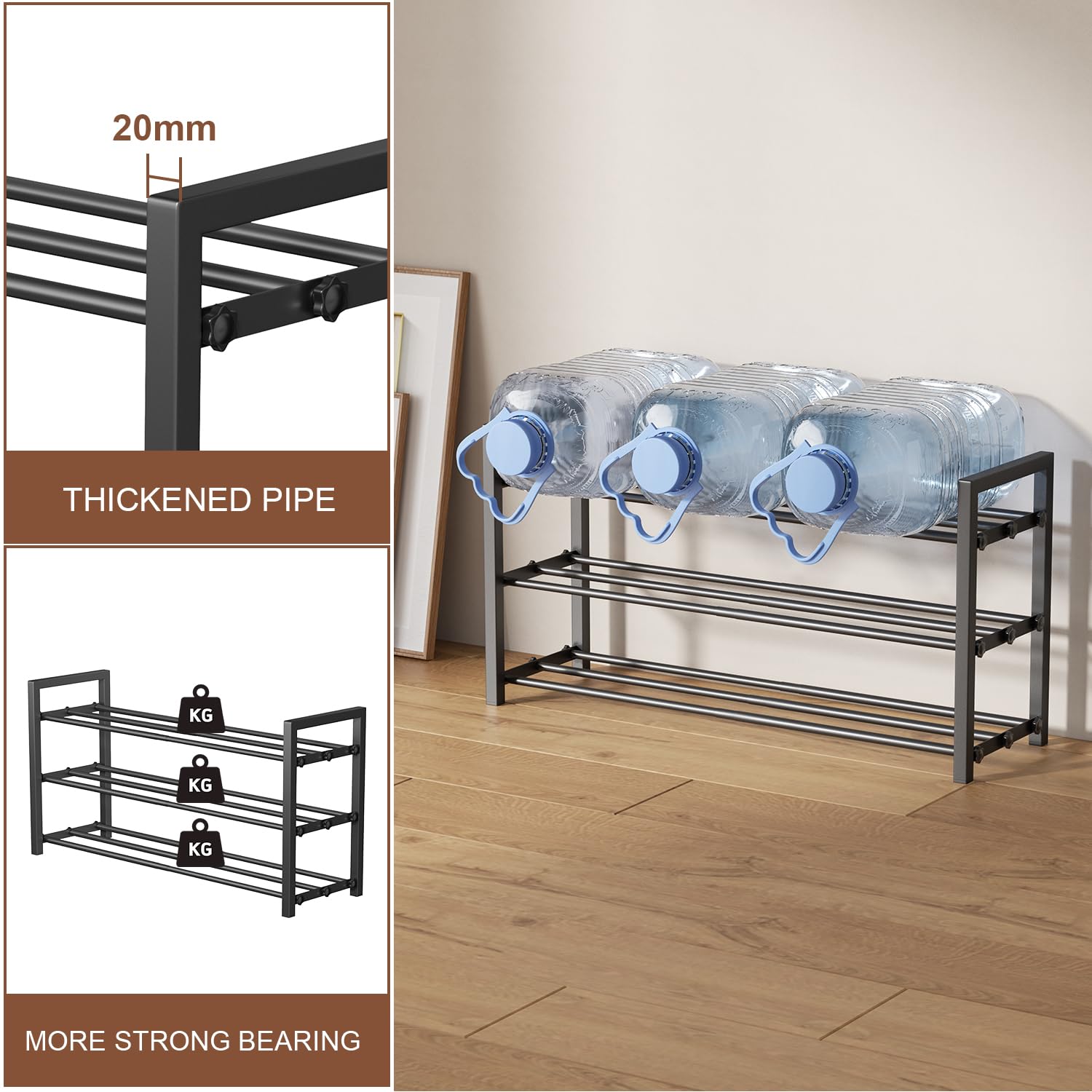 HDDTTZ 3-tier expandable shoe rack reinforced tubes close-up highlights heavy footwear support.