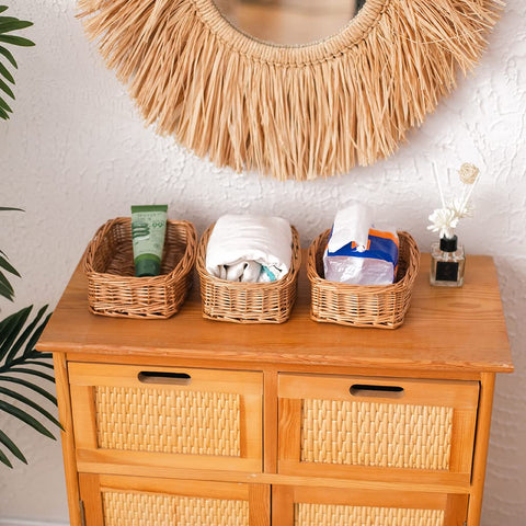 HDKJ rectangle small wicker basket closeup weave, shows artisan craftsmanship.