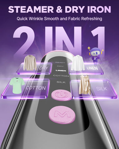 HeaBoom 2-in-1 steamer iron operation showing dual modes for fabrics and creases
