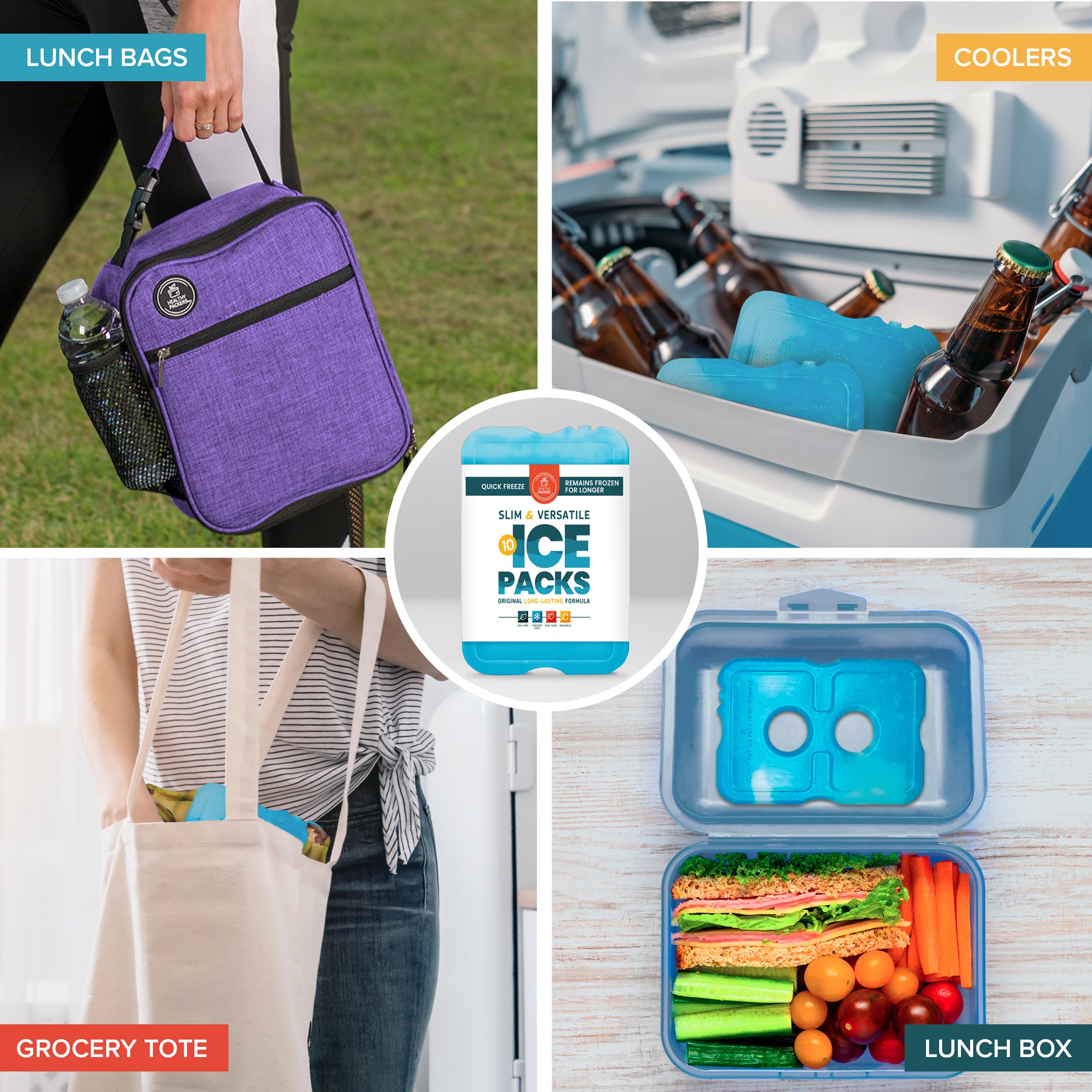 Healthy Packers freezer pack shown in a lunch bag, BPA-free and reusable