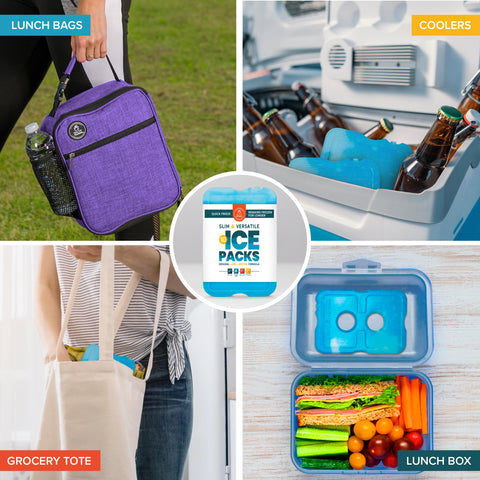 Healthy Packers freezer pack shown in a lunch bag, BPA-free and reusable