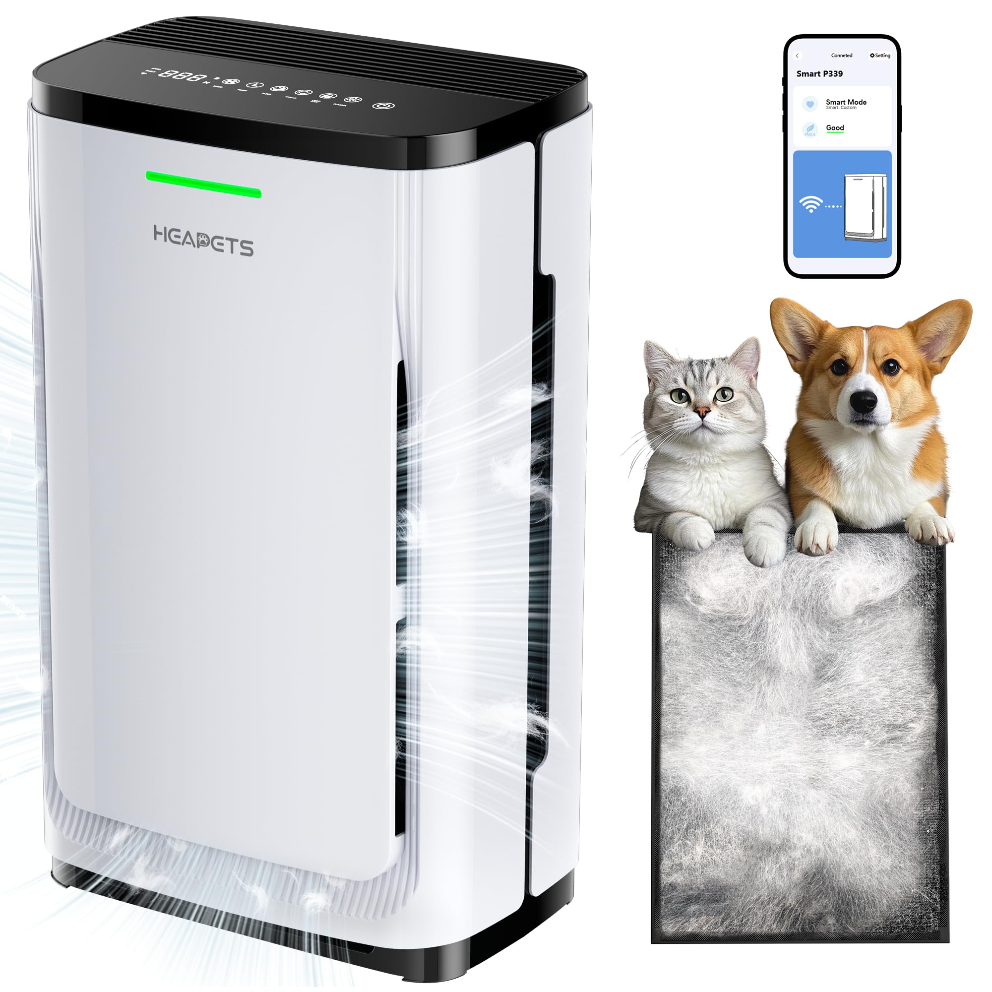 HEAPETS P339 pet air purifier shows large coverage for the whole home.