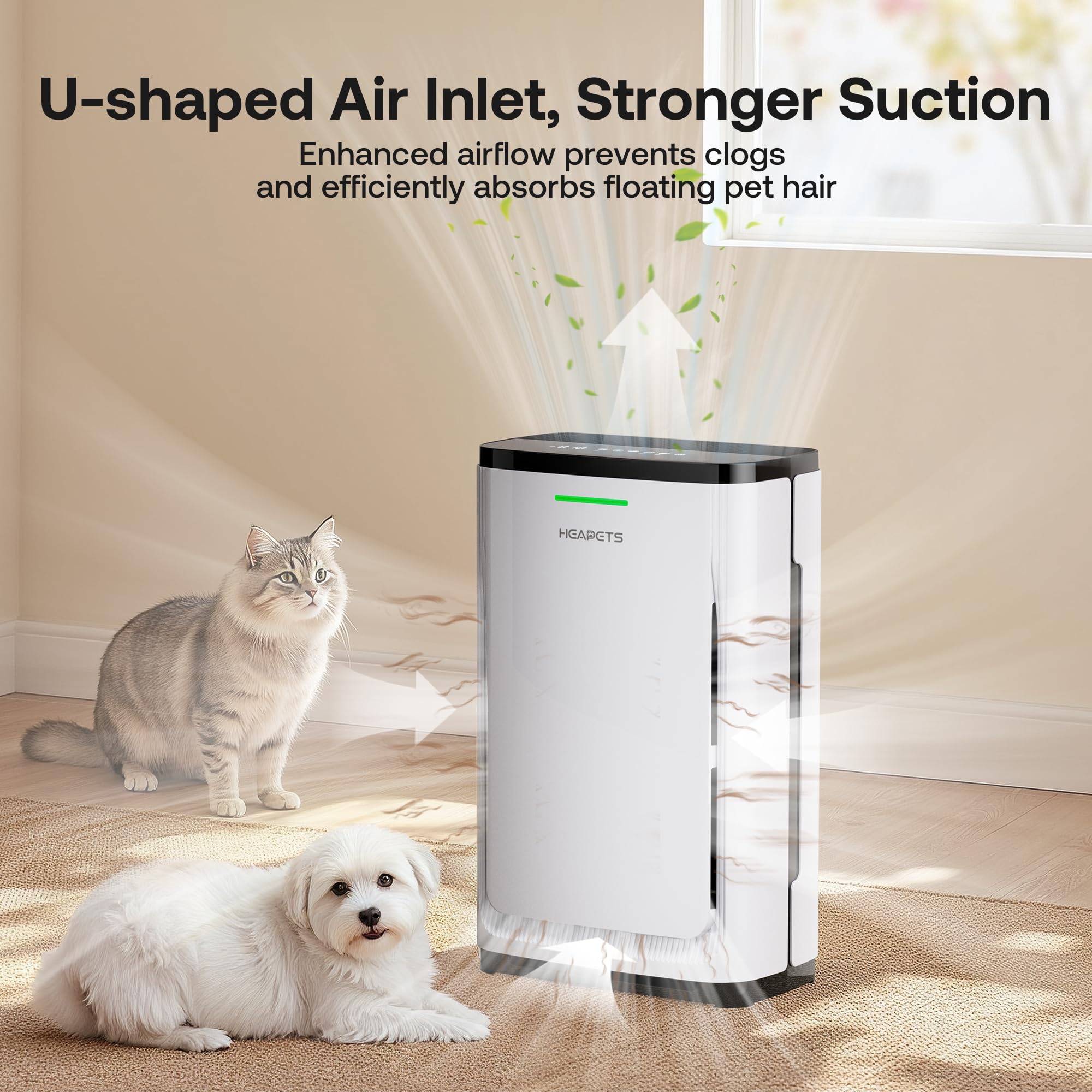 HEAPETS P339 pet air purifier reveals powerful inlet for pet hair removal.