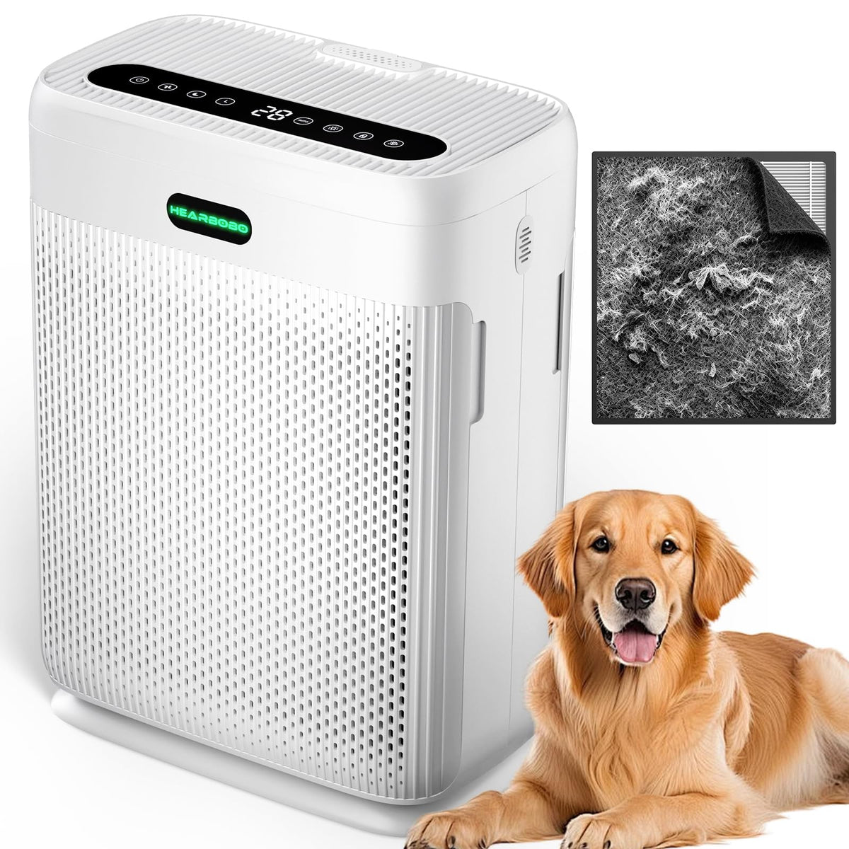 HEARBOBO air purifier front view showcasing 360° airflow for large rooms