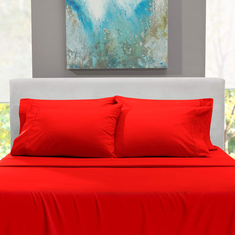 Lifestyle shot of Hearth & Harbor bedroom with red sheets