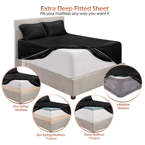 Hearth & Harbor black sheet set packaging shown for storage and care.