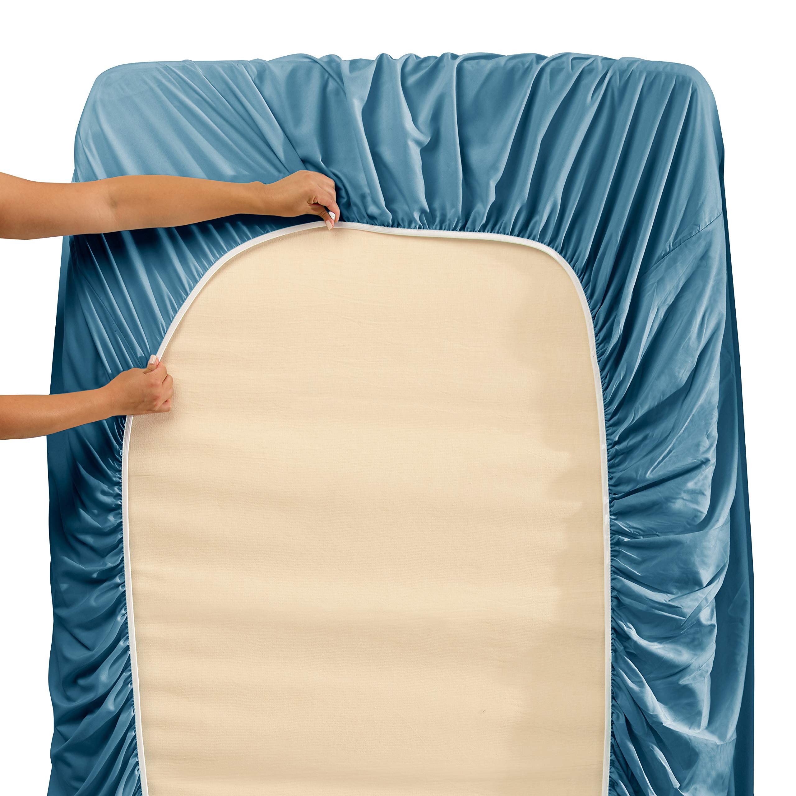 Hearth & Harbor Blue Heaven ensemble on a bed highlighting the vibrant color.