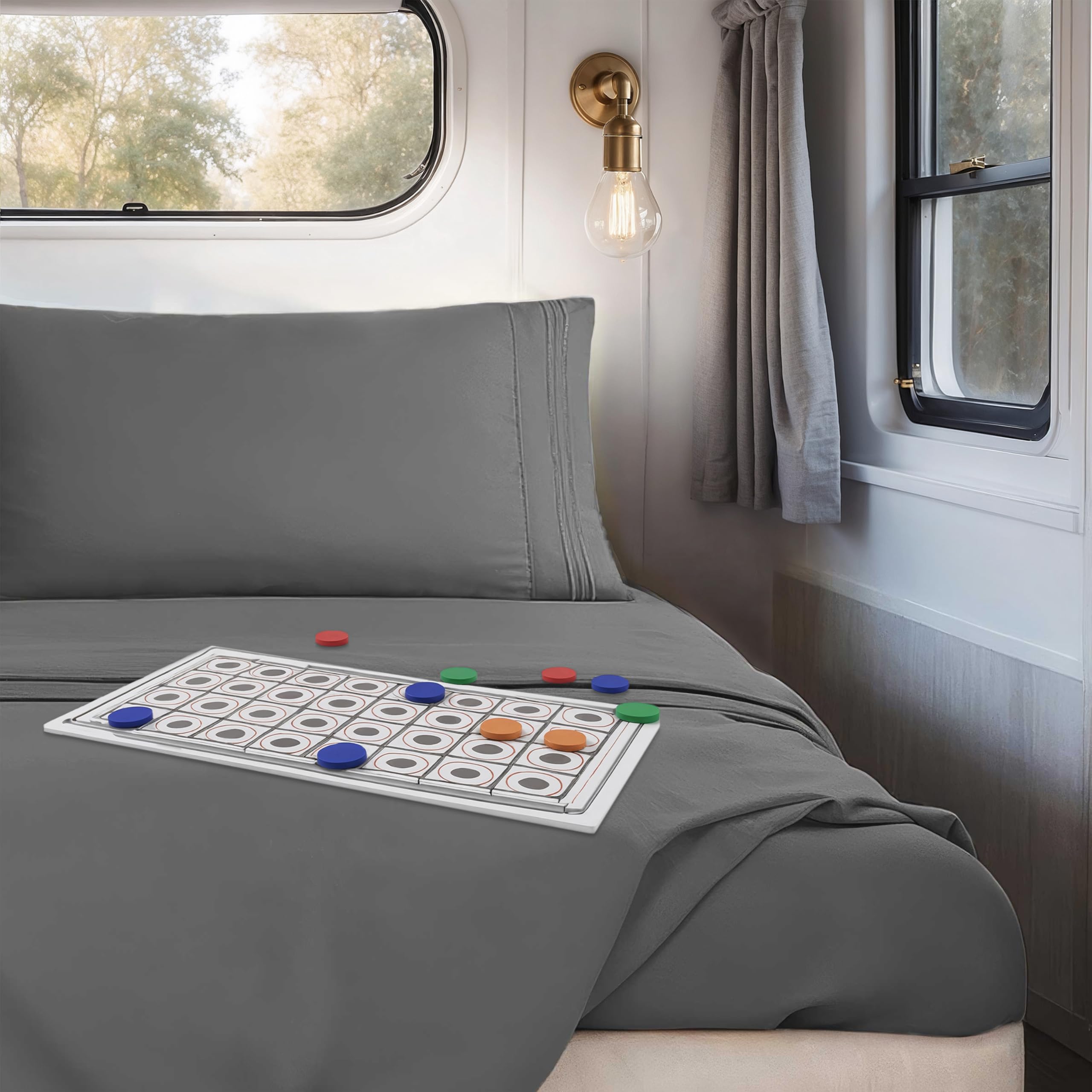 Hearth & Harbor dark grey fitted sheet with full elastic edge for snug RV fit.