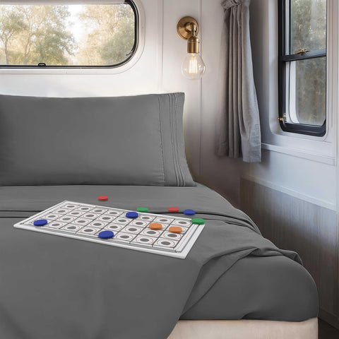 Hearth & Harbor dark grey fitted sheet with full elastic edge for snug RV fit.