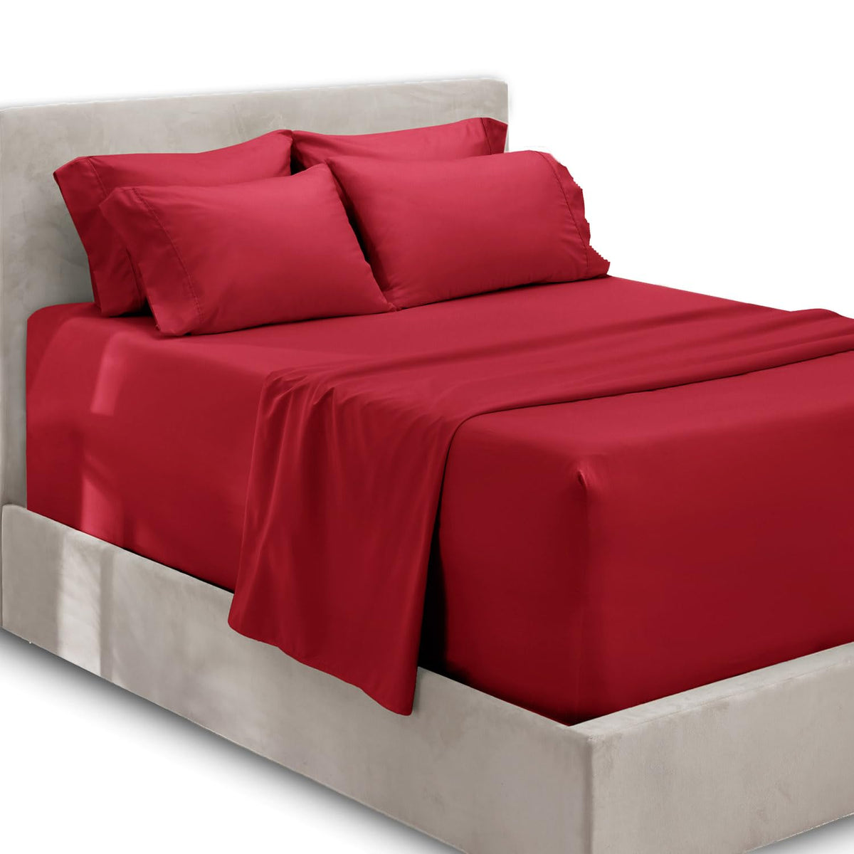 Hearth & Harbor burgundy extra deep-pocket fitted sheet on a tall mattress for a secure, wrinkle-resistant fit