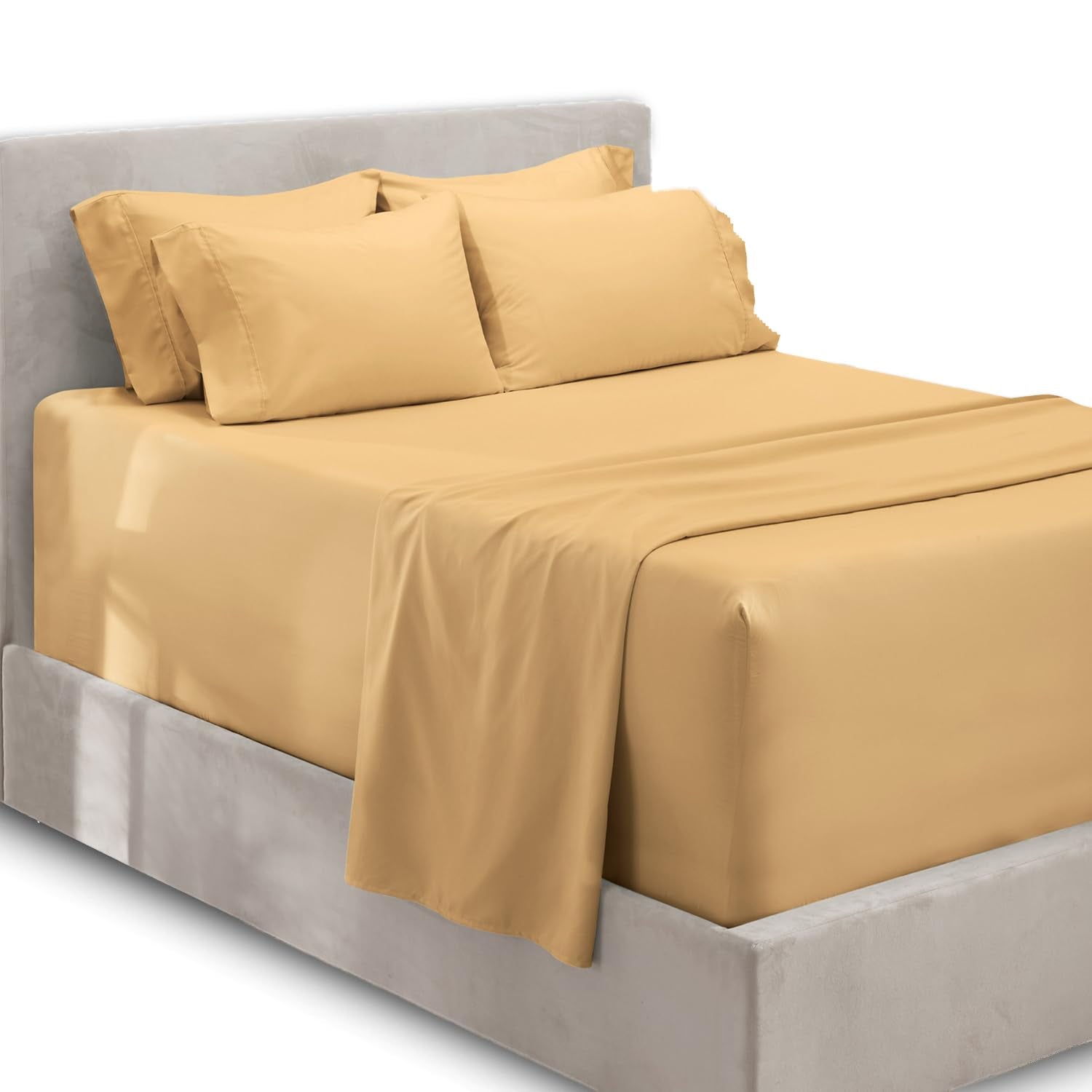 Hearth & Harbor extra deep pocket queen fitted sheet on bed, camel color, for tall mattresses.