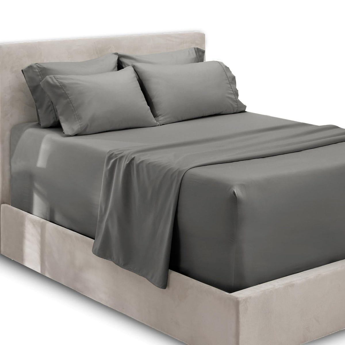 Hearth and Harbor extra-deep pocket fitted sheet close-up showing soft microfiber for tall mattresses