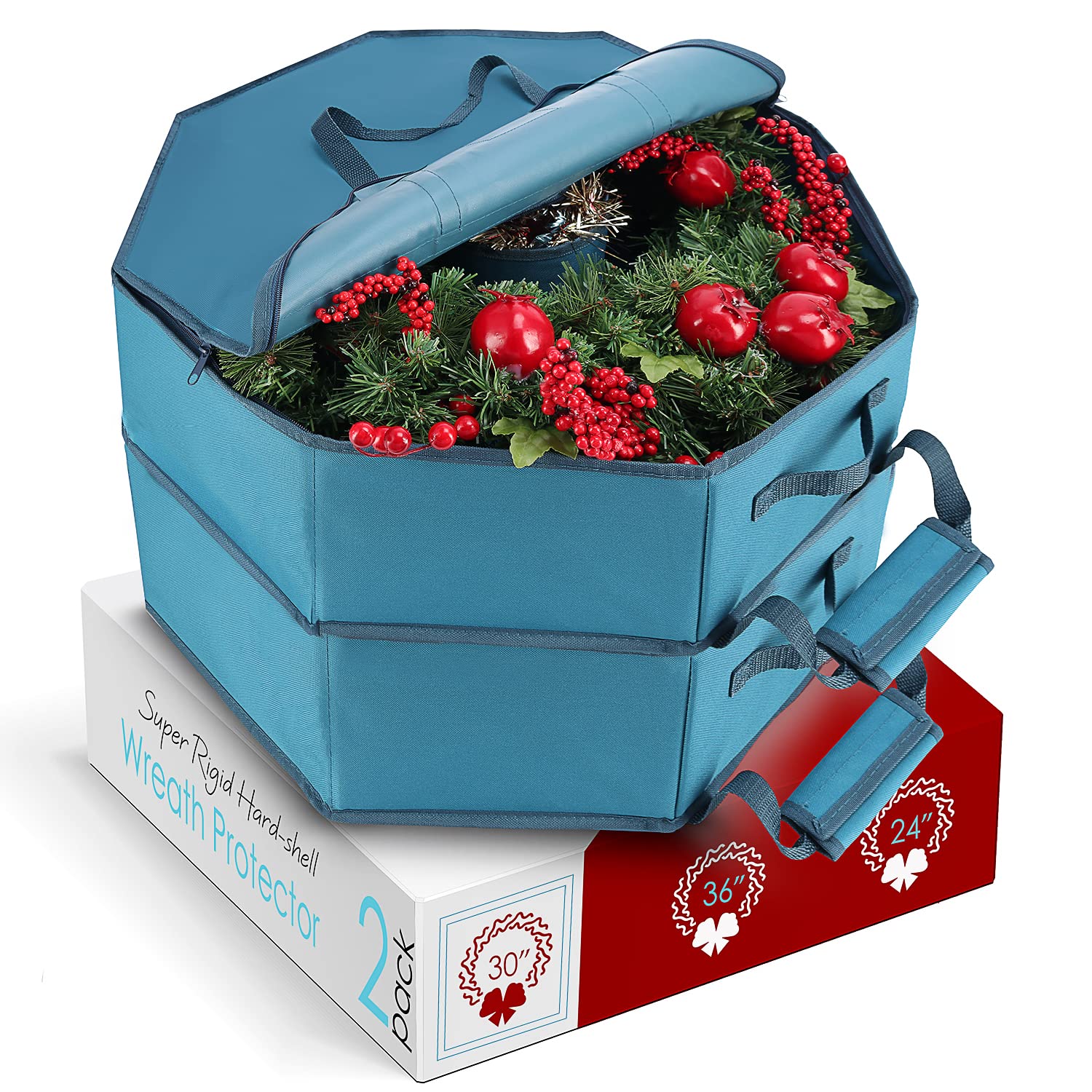 Hearth & Harbor hard shell wreath storage 30 inch blue exterior