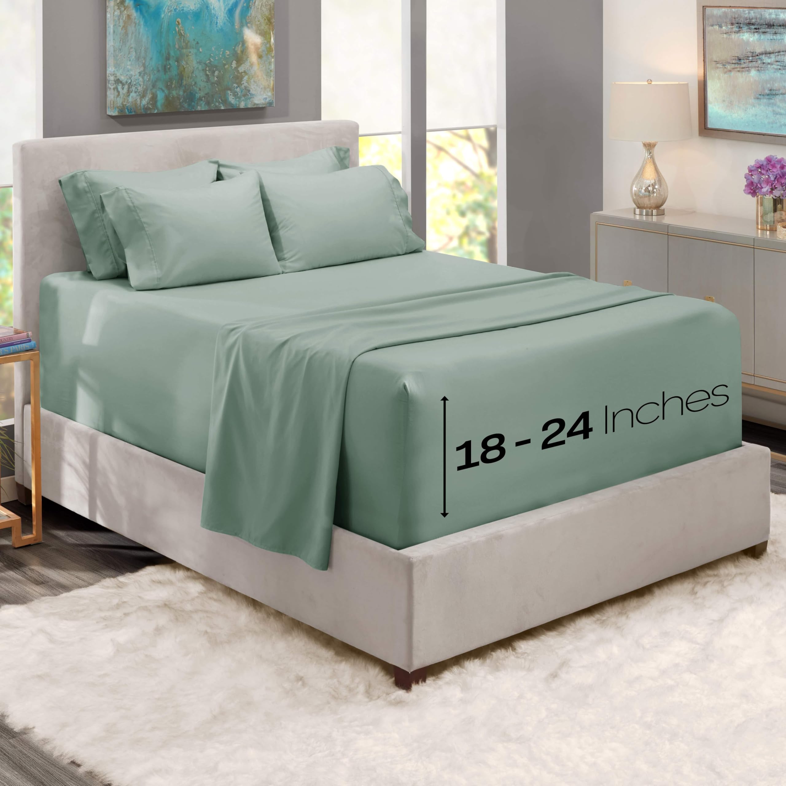 Hearth & Harbor king ice green flat sheet stretched smoothly