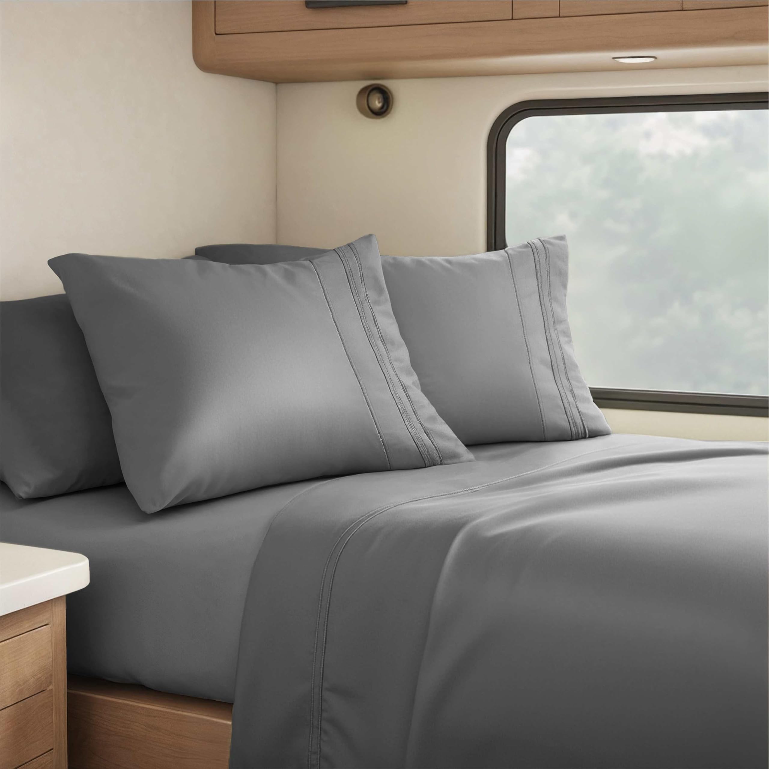 Hearth & Harbor packaging and care tips; durable, travel-ready bedding for campers.