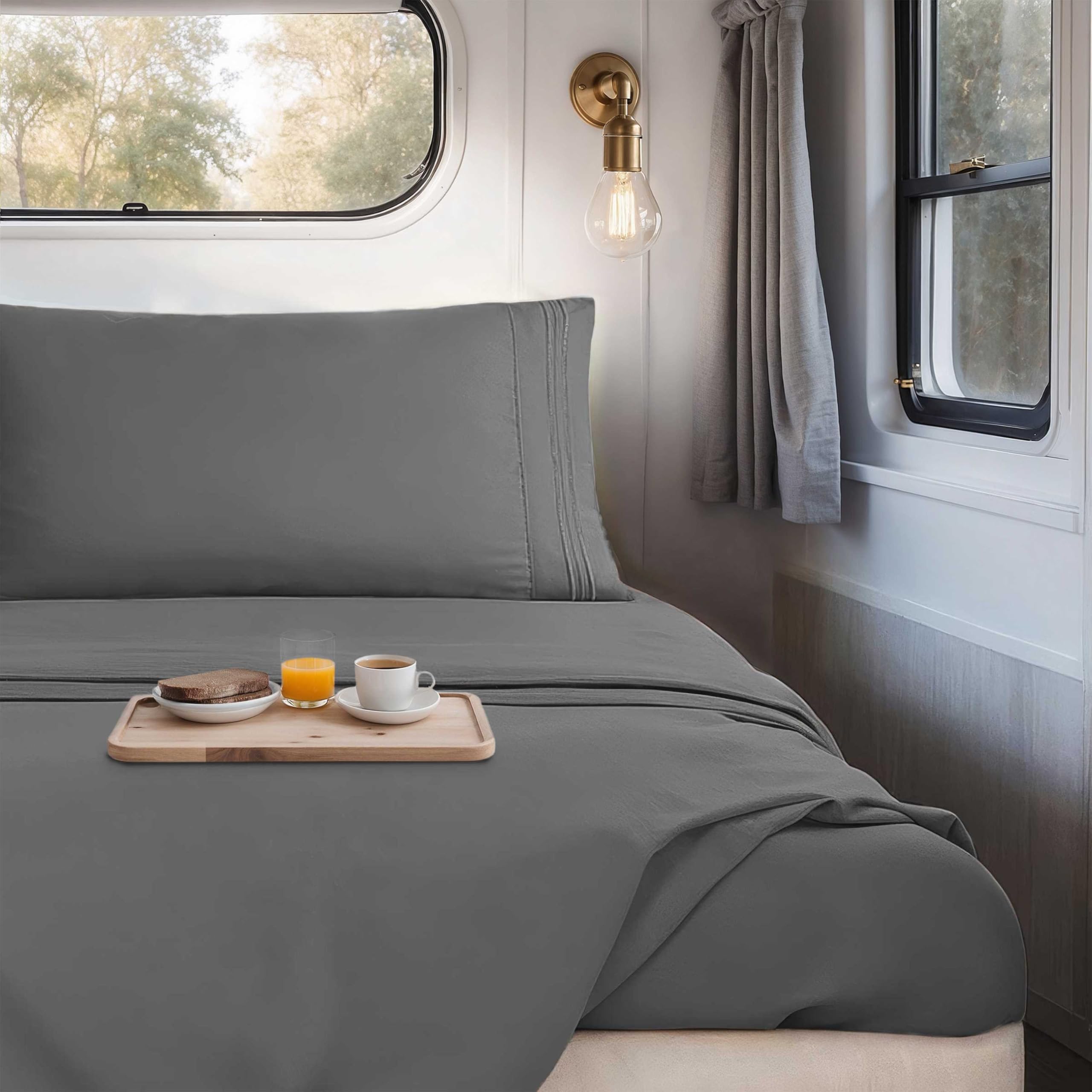 Hearth & Harbor pillowcases 20x30; easy-care fabric for RV laundry.