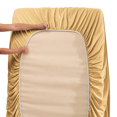 Hearth & Harbor queen flat sheet in camel frames generous drape and clean lines.