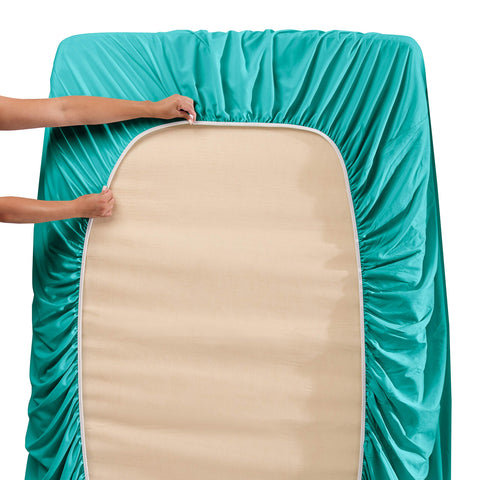 Flat sheet in Hearth & Harbor teal, 90x102, offering expansive bed coverage.