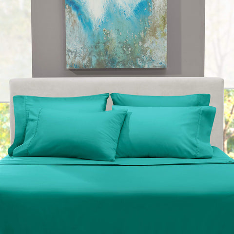 Colorfast Hearth & Harbor teal sheets showing durable, wrinkle-resistant performance.