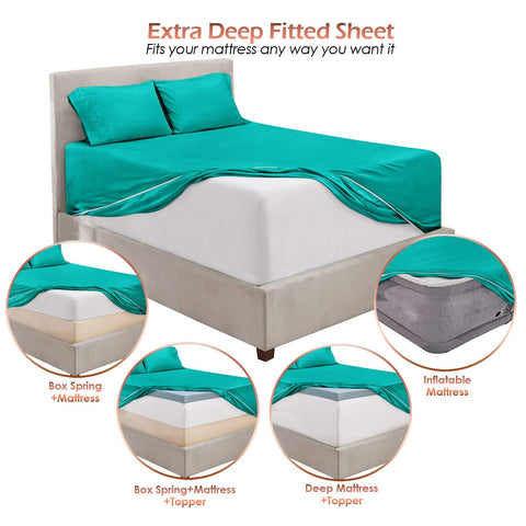 Teal Hearth & Harbor sheets fitted on an 18-24 inch mattress for a secure fit.