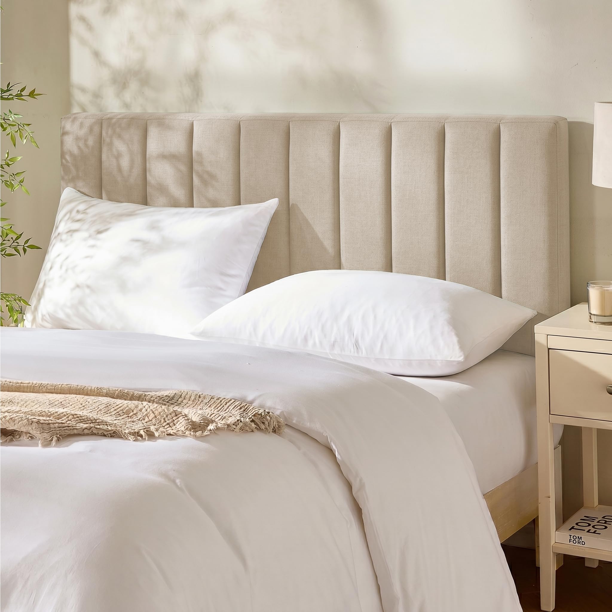 Hearth & Harbor upholstered queen headboard in beige adds soft, stylish comfort to your bed.