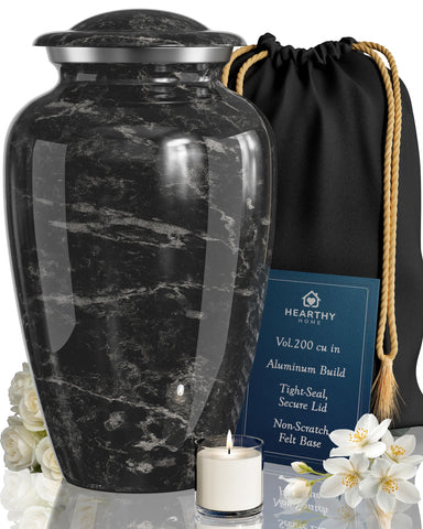 Hearthy Home large urn for ashes with black marble finish, ideal for display.