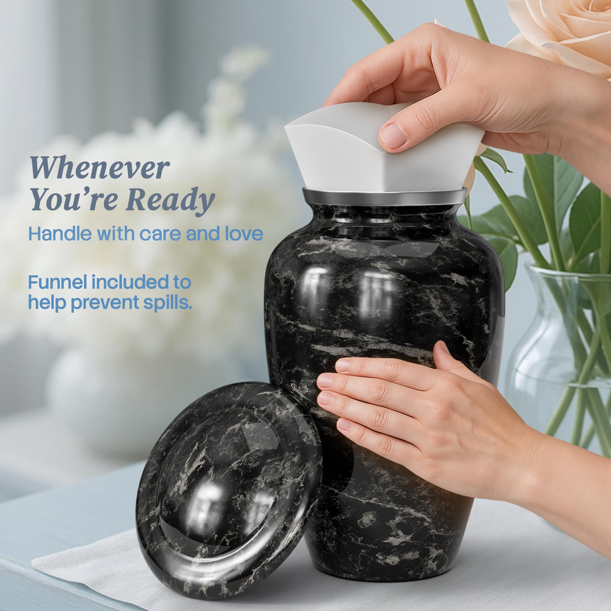 Hearthy Home detailed black marble urn, showcasing craftsmanship.