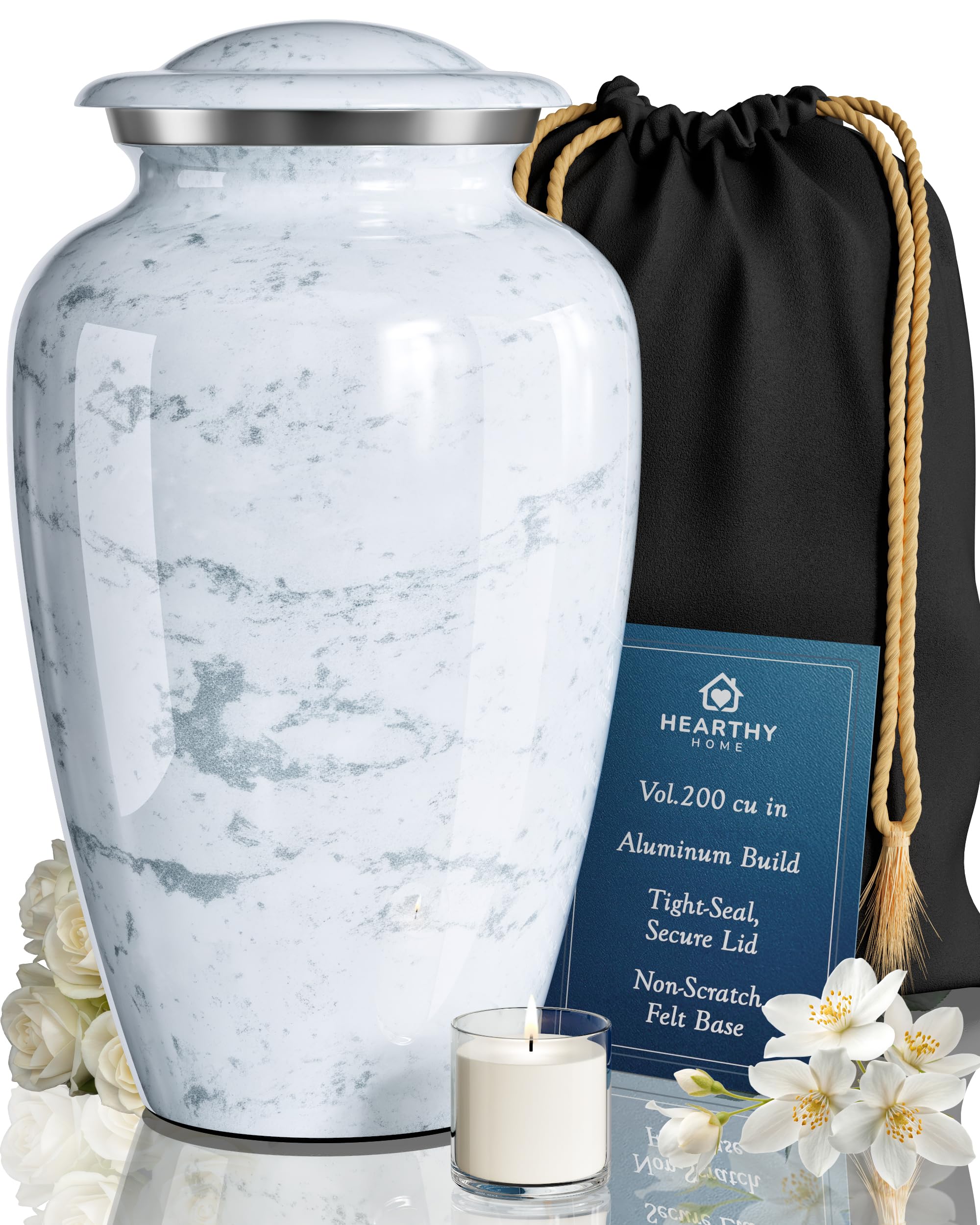 Hearthy Home large urn front view with white marble finish for dignified memorial display