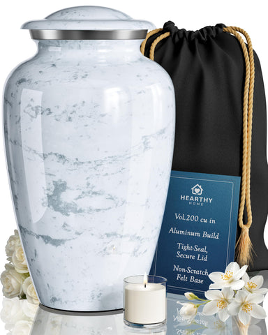 Hearthy Home large urn front view with white marble finish for dignified memorial display