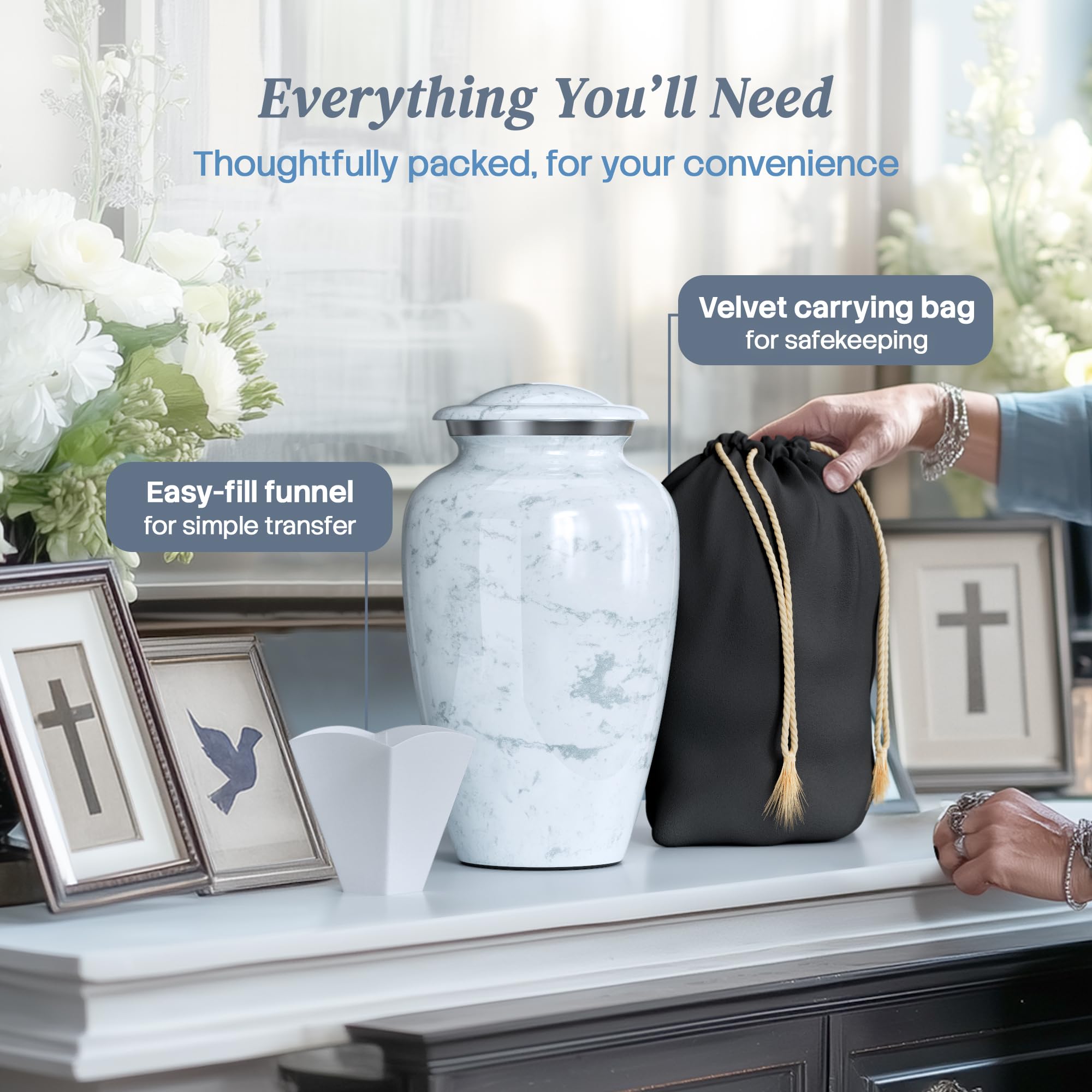 Hearthy Home large urn top detail reveals refined craftsmanship and marble texture