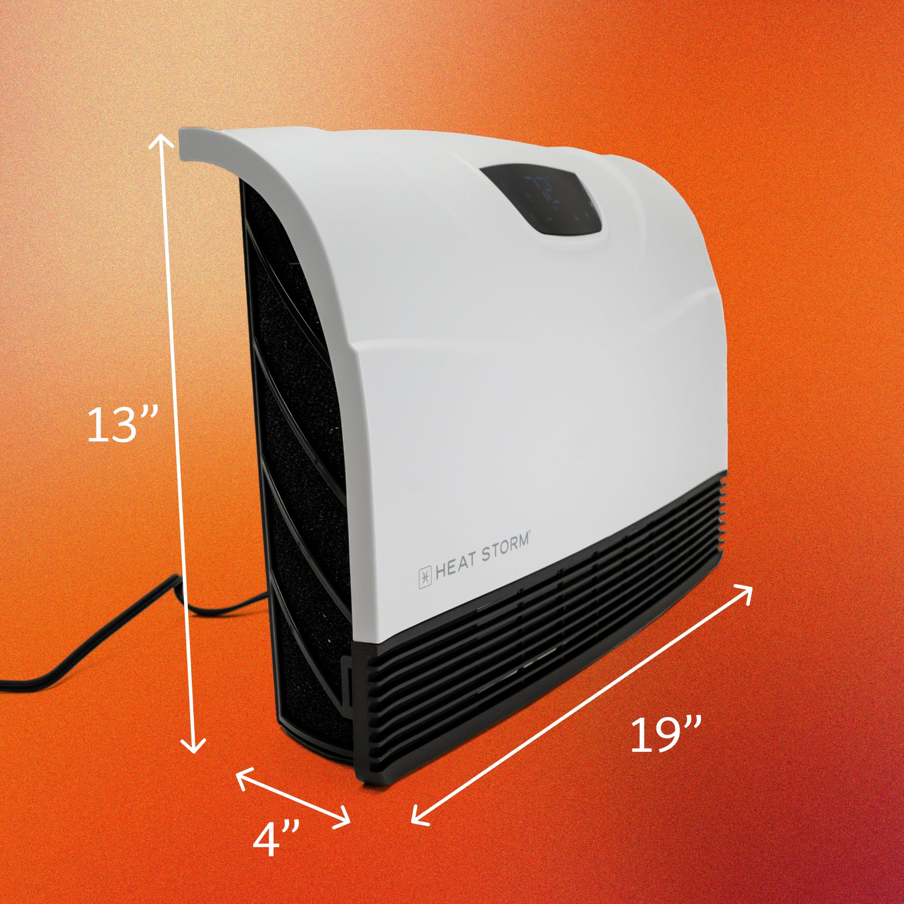 Heat Storm compact wall-mounted unit fits bathrooms, bedrooms, and offices without floor clutter.