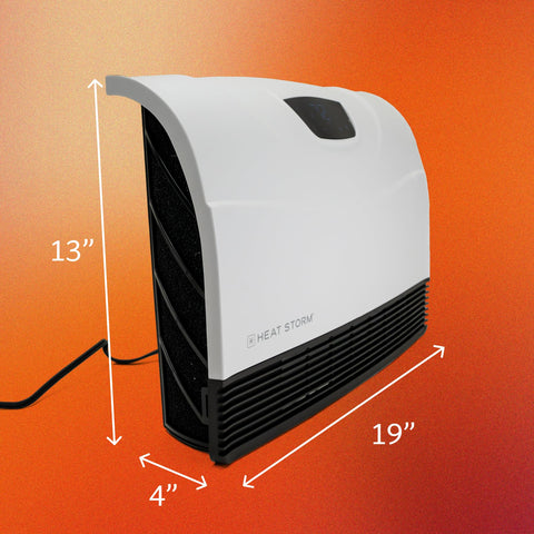 Heat Storm compact wall-mounted unit fits bathrooms, bedrooms, and offices without floor clutter.