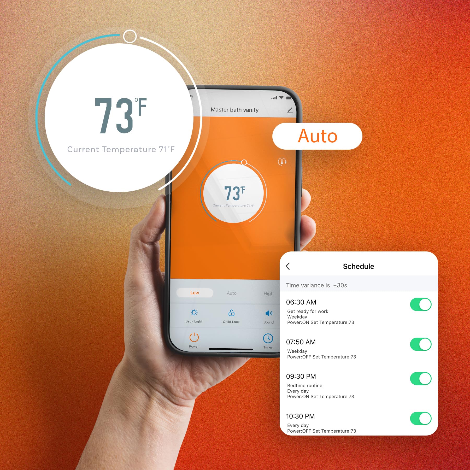 Heat Storm HS-1500-PHX-WIFI thermostat display shows temperature at a glance for quick adjustments.