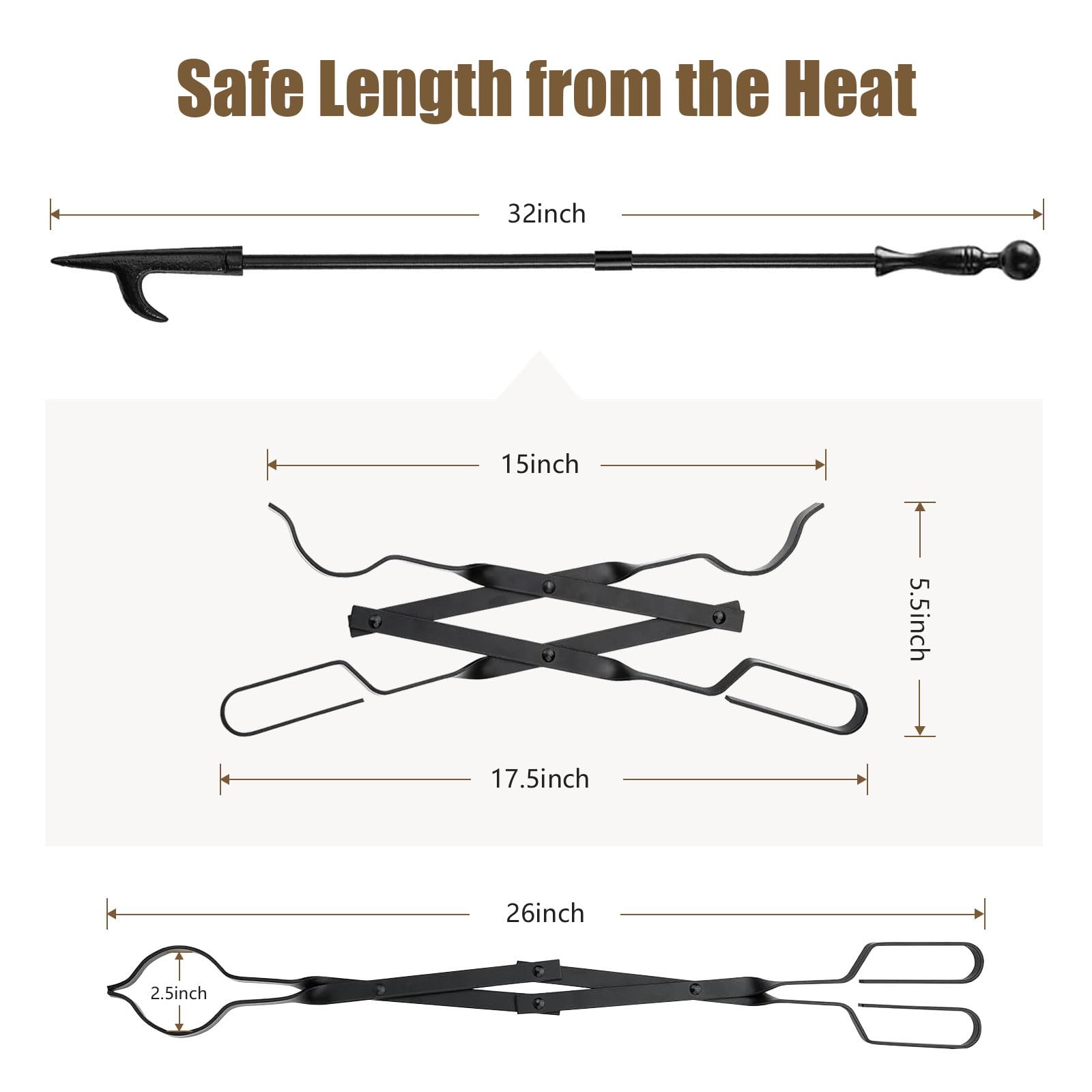 Heavy-Duty 26-Inch Fire Tongs folded for compact storage