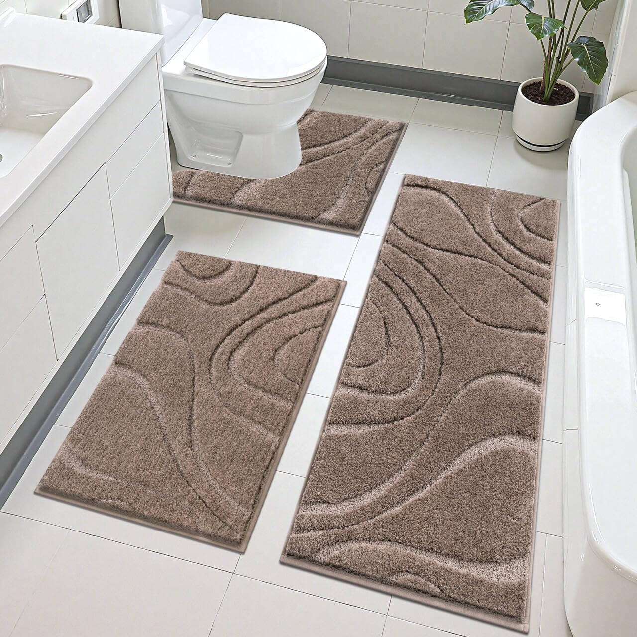 HEBE RUGS coffee 3-piece set on bathroom floor for plush comfort