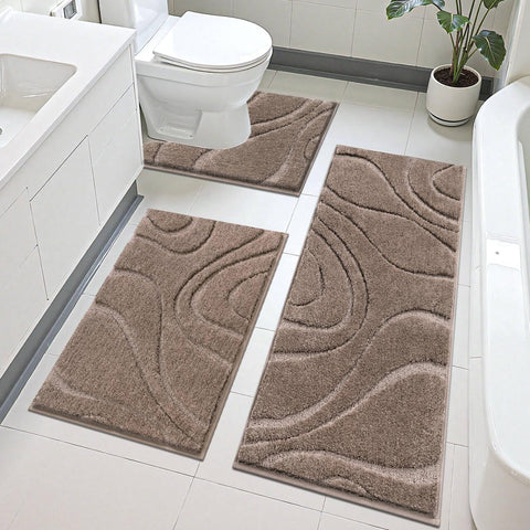 HEBE RUGS coffee 3-piece set on bathroom floor for plush comfort