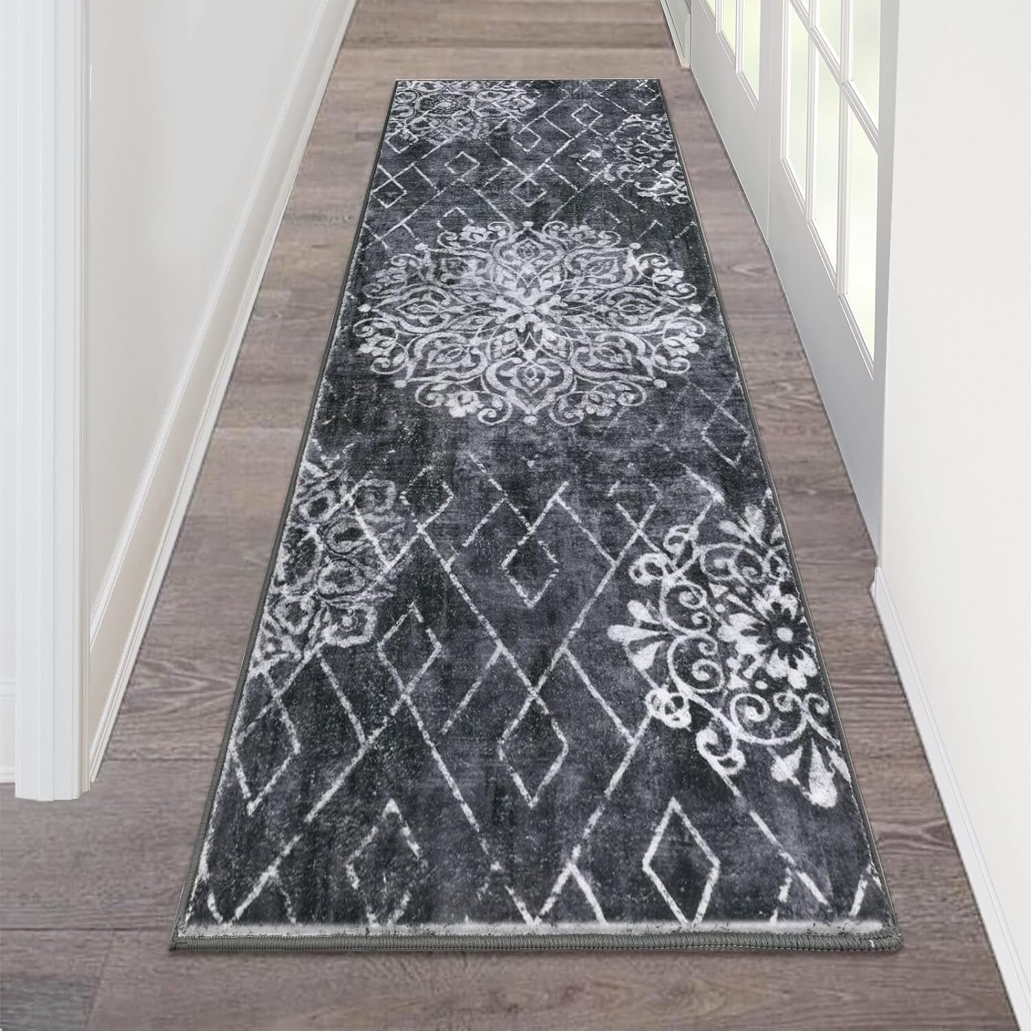 HEBE RUGS hallway runner 2x6 with vintage distressing adds entryway charm.