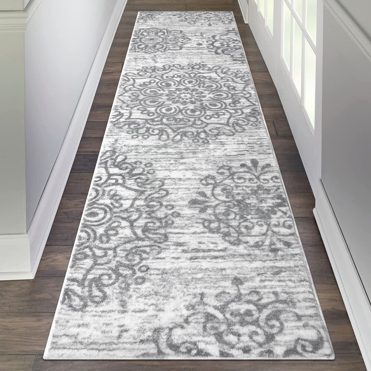 HEBE RUGS hallway runner 2x8 grey, front view, highlighting plush, comfortable texture.