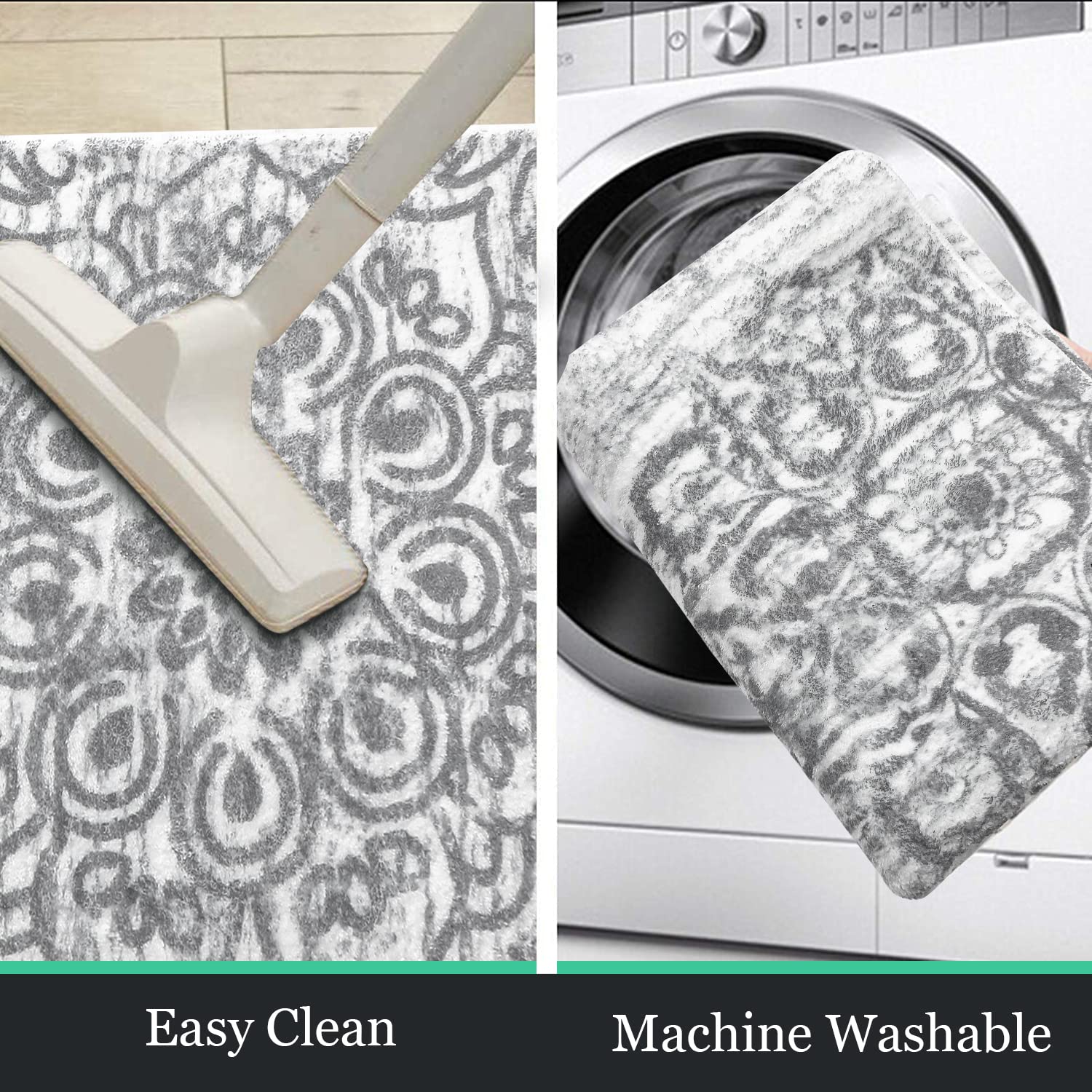HEBE RUGS machine washable grey runner offers easy, convenient cleaning.