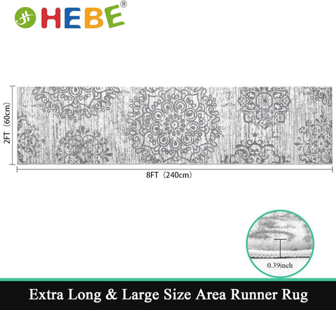 HEBE RUGS vintage boho runner grey closeup emphasizes distressed pattern.