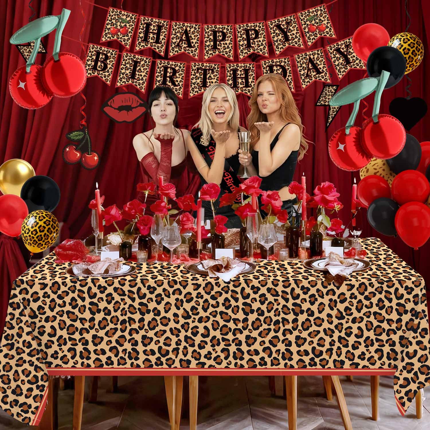 Heboland cherry cake topper creates a bold centerpiece for the cake.