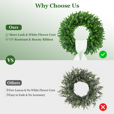 Hecaty boxwood wreath hanging on a door for instant curb appeal