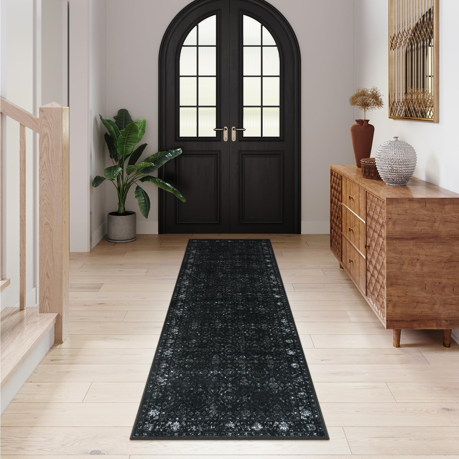 Hedlive Vintage Black Kitchen Runner flat lay demonstrates ultra-thin profile