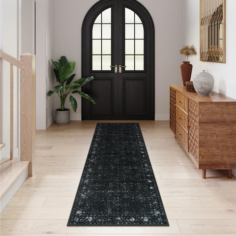 Hedlive Vintage Black Kitchen Runner flat lay demonstrates ultra-thin profile