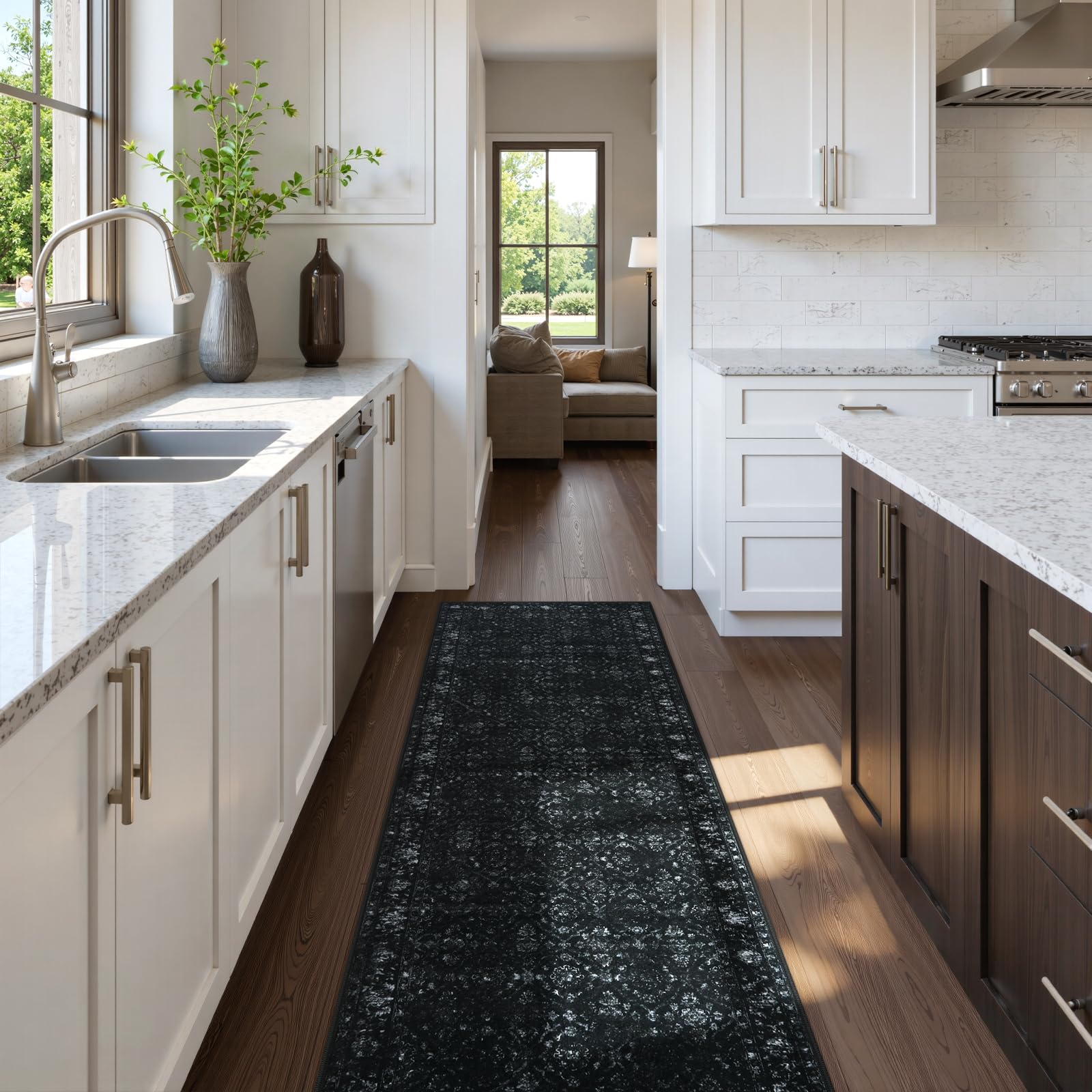 Hedlive Vintage Black Kitchen Runner close-up shows plush faux wool texture