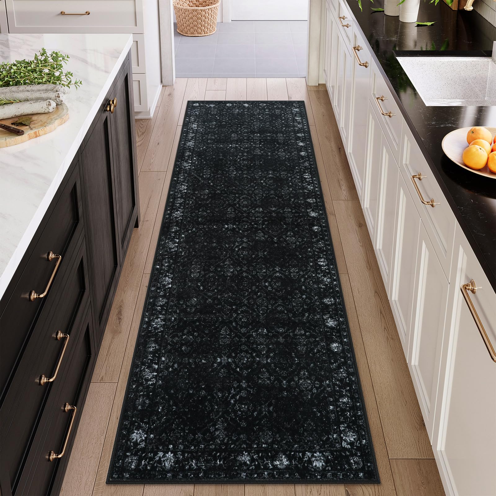 Hedlive Vintage Black washable hallway runner for high-traffic spaces.