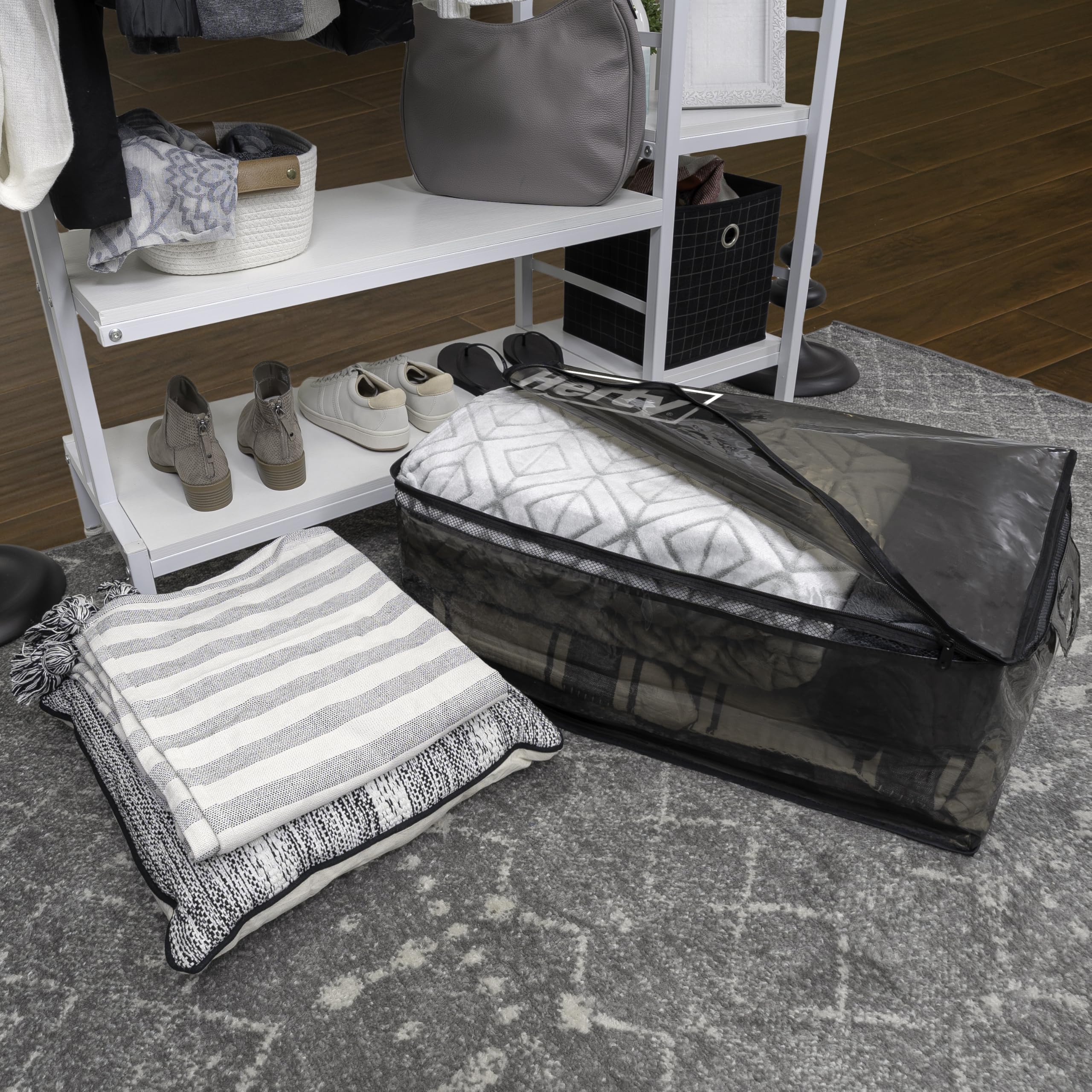 Hefty bag in garage keeps bulky items neatly stored