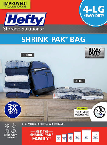 Hefty Shrink-Pak vacuum bag for clothes shows space-saving compression.