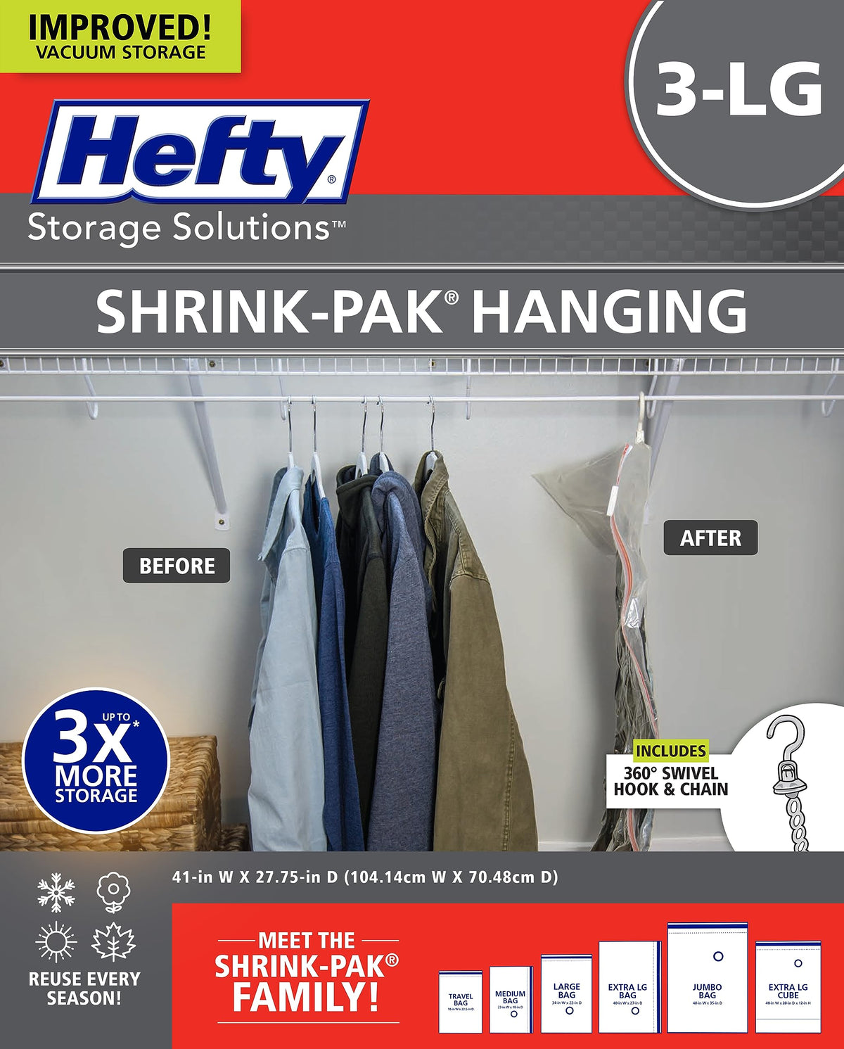 Hefty Shrink-Pak vacuum bags ready for hanging storage, maximizing closet space.
