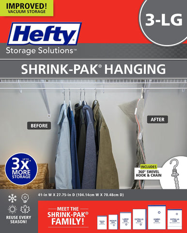 Hefty Shrink-Pak vacuum bags ready for hanging storage, maximizing closet space.